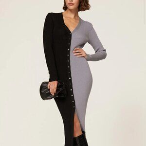 STAUD Black and Gray Ribbed Knit Dress